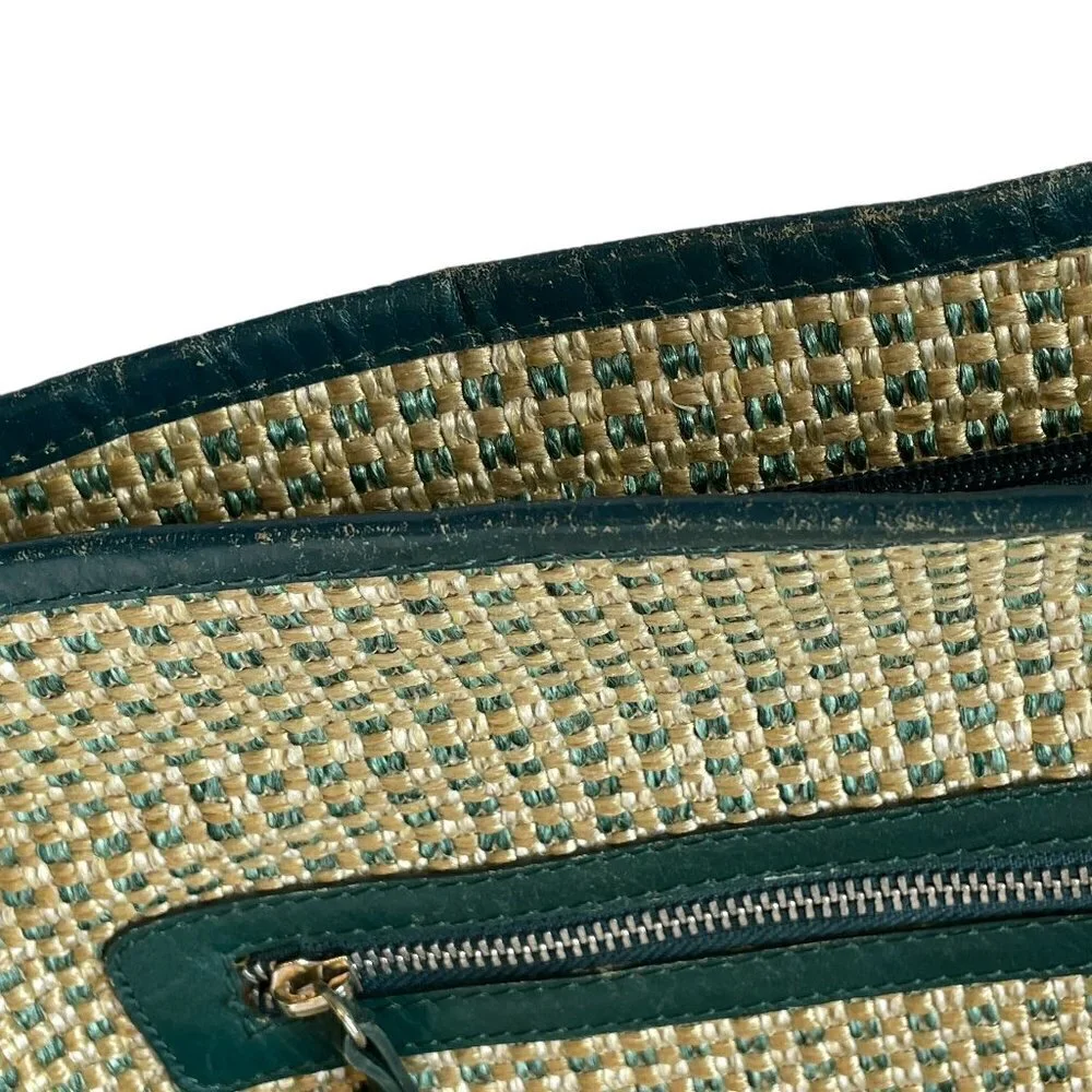 Nino BOSSI Woven Shoulder Bag Beige with Green Leather Trim Silver Hardware